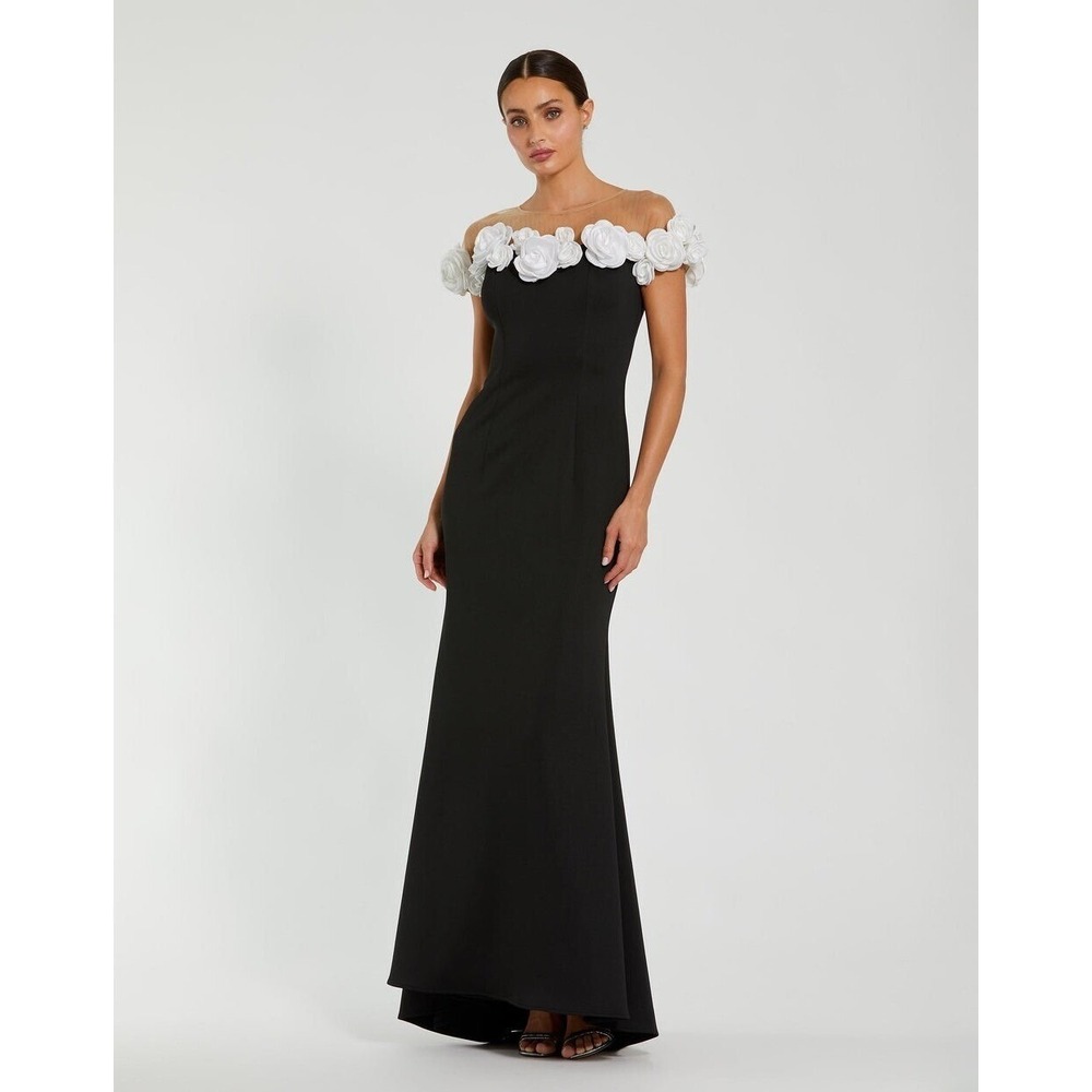 Mac Duggal NEW Black & White Stretch Crepe Mermaid Gown With 3D Flowers Size 16